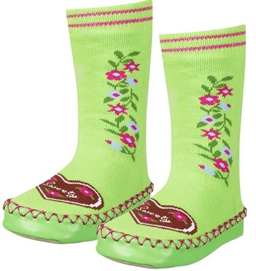 Green flower print Playshoes baby and kids slipper socks