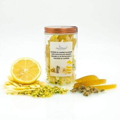 White chocolate glazed lemon peel with chopped pistachios and caper powder 150 gr