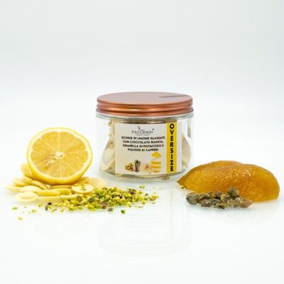 White chocolate glazed lemon peel with chopped pistachios and caper powder 250 gr