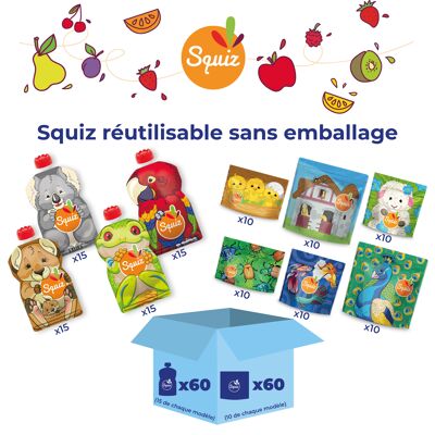 VRAC - Box panaché goûter zéro déchet 120 unités - 60 Gourdes à compote réutilisables + 60 sacs à goûter réutilisables - SQUIZ - Sans Emballage