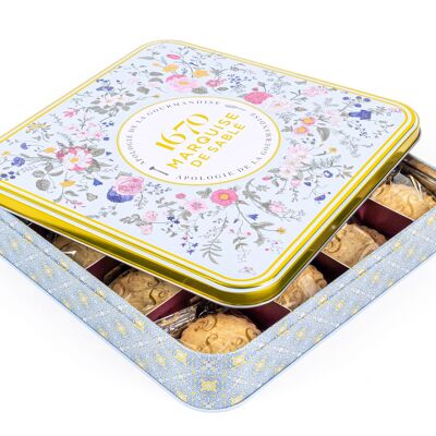 Shortbread cookies assorted plain, caramel, lemon and all-chocolate chips - "wild bouquet" metal box 400g