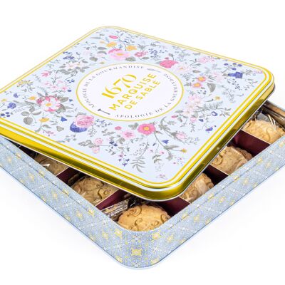 Shortbread-Kekse, sortiert mit Natur-, Karamell-, Zitronen- und Vollschokoladenstückchen – „Wild Bouquet“-Metallbox 400 g