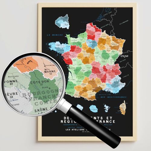 Carte des RÉGIONS et départements et  de France - Affiche 50x70cm