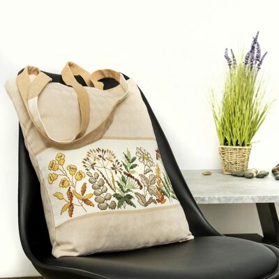 Fall Floral Cross Stitch DIY Tote Bag Kit, 37 x 40 cm