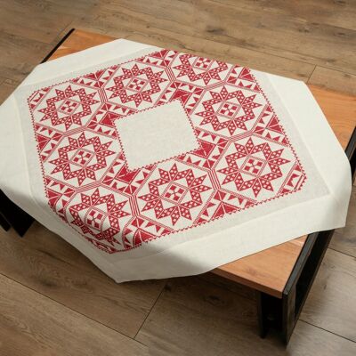 Red Folk Art Cross Stitch DIY Table Topper Kit, 100 x 100 cm