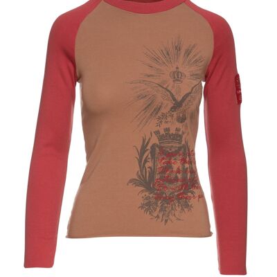 Beige & Dark Red Print Top with Embroidery Detail