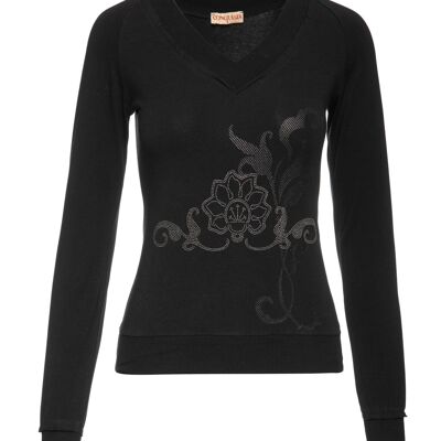 Black Long Sleeve Top with a Silver & Black Print