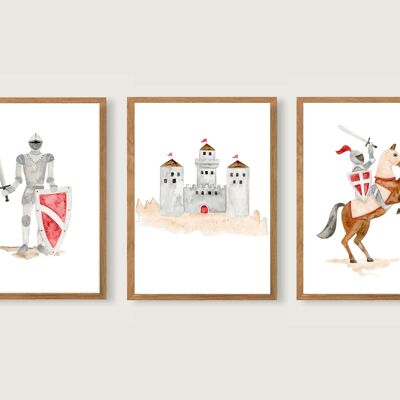 Poster A4 "Cavaliere" | Cavaliere del castello del cavaliere Cavallo del cavaliere Stampa del castello del cavaliere Stampa artistica Bambini || CUORE&CARTA