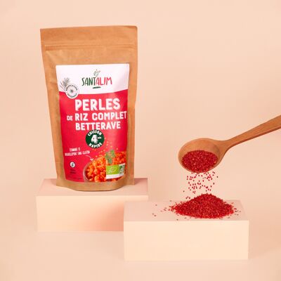 Brown rice pearls with beetroot juice
