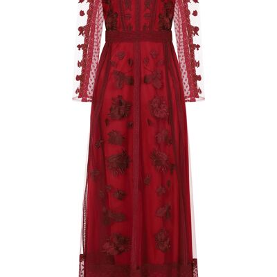 Aconite Burgundy Embroidered Maxi Dress with Lace Panels