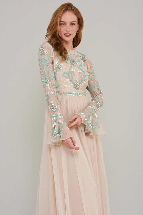 Aphrodite Flute Sleeve Embellished Maxi Dress