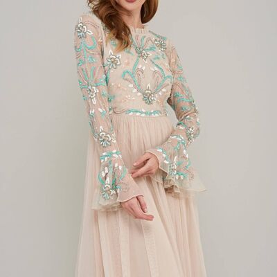 Aphrodite Flute Sleeve Embellished Maxi Dress