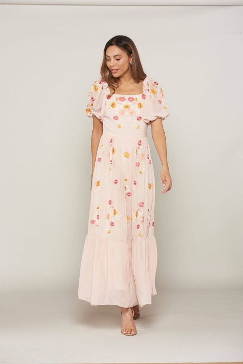 Caltha Floral Embroidered Maxi Dress with Square Neckline