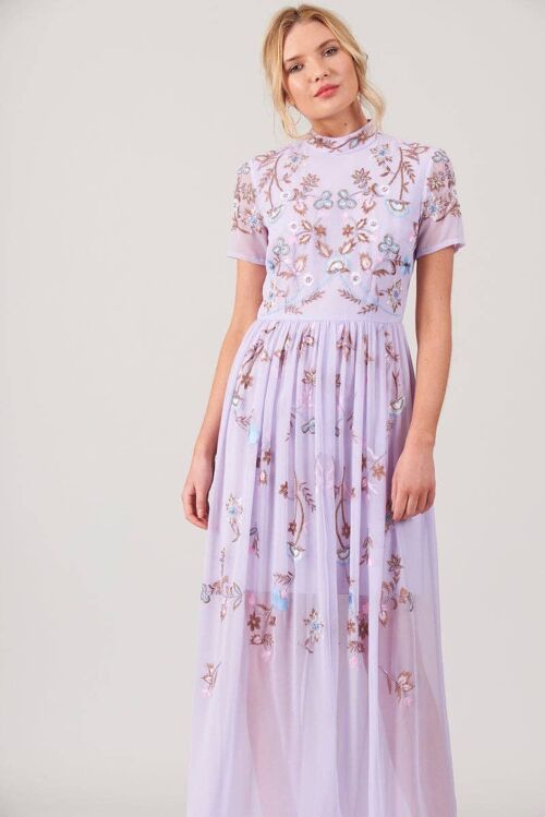 Cambrie Embroidered Stand Collar Maxi Dress