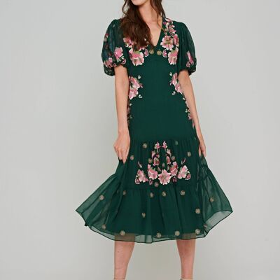 Comfrey Floral Embroidered Drop Waist Midi Dress