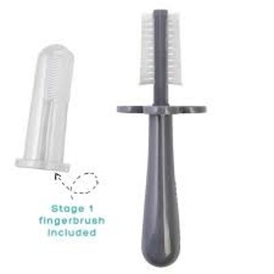GRAY double-sided ergonomic toothbrush - 6 months + and silicone finger 4 months +