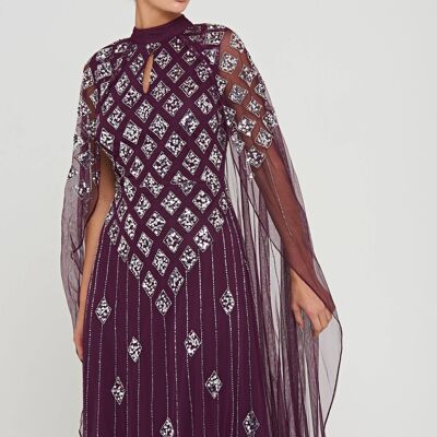 Eileen Purple Embellished Dress with Cape Sleeves