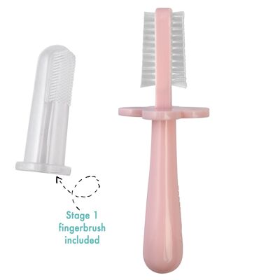 LIGHT PINK ergonomic double-sided toothbrush - 6 months + and silicone finger 4 months +