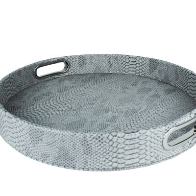 Tray round reptile print gray with handles