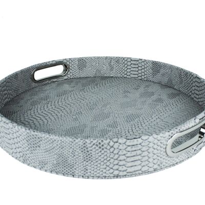 Tray round reptile print gray with handles