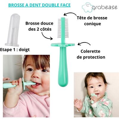 LIGHT GREEN ergonomic double-sided toothbrush - 6 months + and silicone finger 4 months +