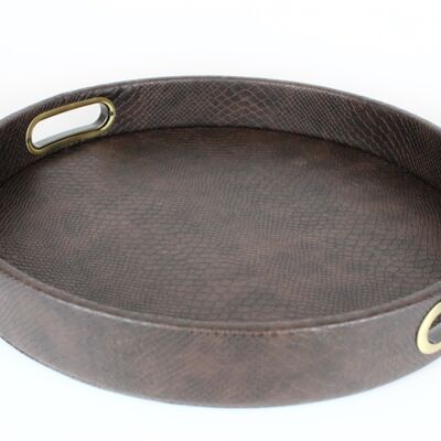 Tray round reptile print dark brown with handles