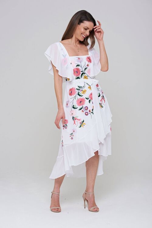 Gaura Floral Embroidered Midi Dress with Wrap Around Skirt