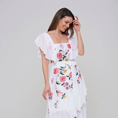 Gaura Floral Embroidered Midi Dress with Wrap Around Skirt