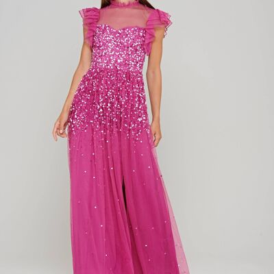 Hannah Fuchsia Scatter Sequin Maxi Dress with Ruffled Shoulders
