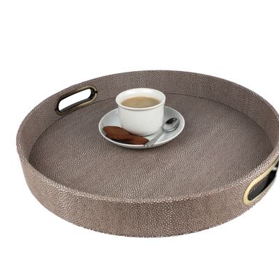 Round tray made of artificial leather stingray skin brown with handles