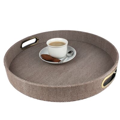 Round tray made of artificial leather stingray skin brown with handles