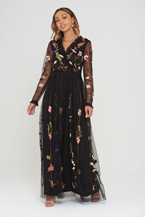 Lorene Black Floral Embroidered Maxi Dress