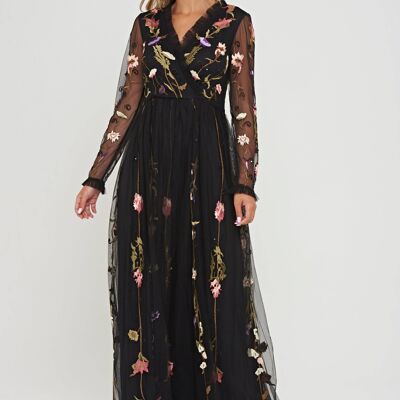 Lorene Black Floral Embroidered Maxi Dress