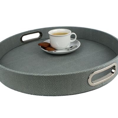 Tray round artificial leather stingray skin blue with handles