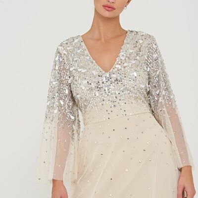 Pearl Embellished Maxi Dress with Flare Sleeves