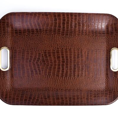 Tray flat artificial leather crocodile light brown with handles