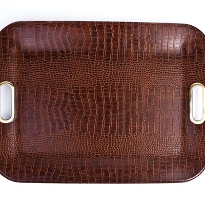 Tray flat artificial leather crocodile light brown with handles