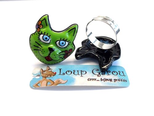 Bague tête de chat vert