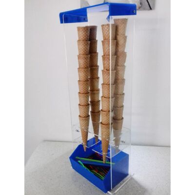 Plexiglass cone holder with pod holder and spoon holder for ice cream parlors and bars