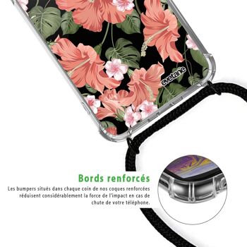 Coque cordon iPhone 11 anti-choc silicone avec cordon noir - Hisbiscus Corail 4