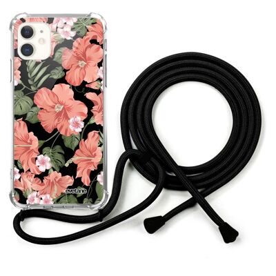 Funda con cordón de silicona para iPhone 11 a prueba de golpes con cordón negro - Hisbiscus Coral