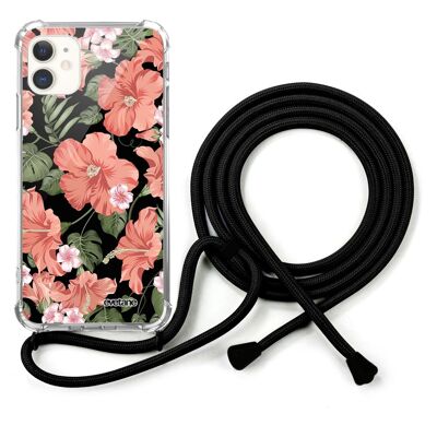 Coque cordon iPhone 11 anti-choc silicone avec cordon noir - Hisbiscus Corail