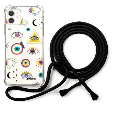 Shockproof iPhone 11 silicone cord case with black cord - Multi Eyes