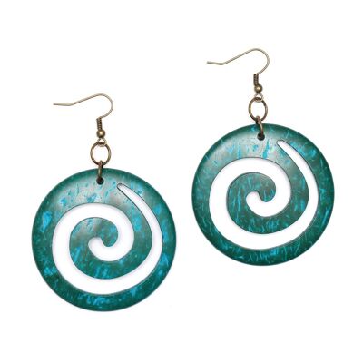Boucles d'oreilles pendantes en bois de noix de coco en forme de spirale turquoise faites à la main