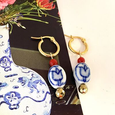 Boucles d'oreilles avec perle en céramique Tulipe Bleue de Delft