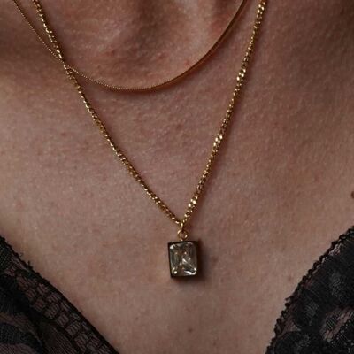 Double chain necklace, fine and flat necklace with rectangular pendant