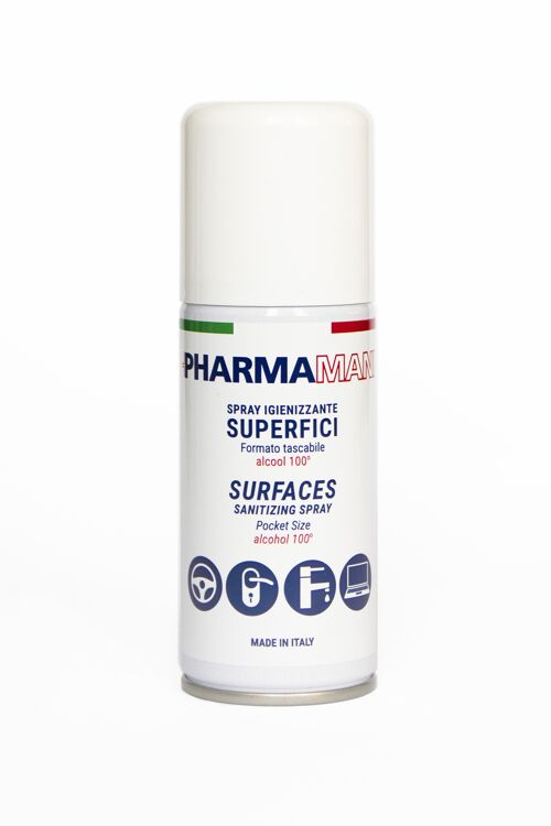 PHARMAMANI SPRAY IGIENIZZANTE SUPERFICI Alcool 100% - Igienizza le superfici al contatto - Formato tascabile 100 ml - Made in Italy