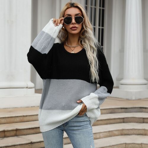 Thin Casual Loose Contrast Color Crewneck Knitted Sweater