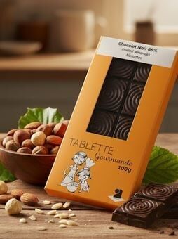100g bar of 66% dark chocolate with almond and hazelnut praline