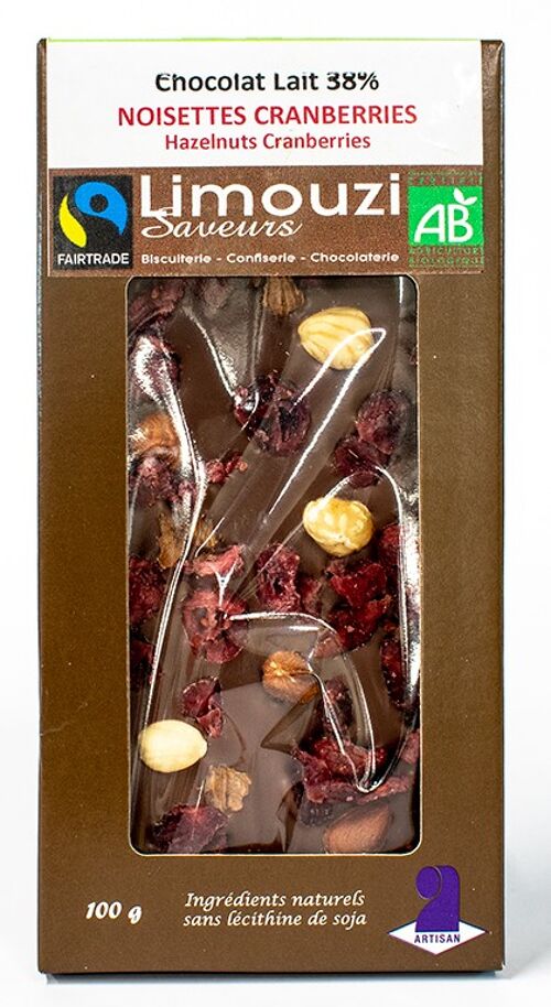 Tablettes de Chocolat lait  BIO 38% noisette cranberries 100g